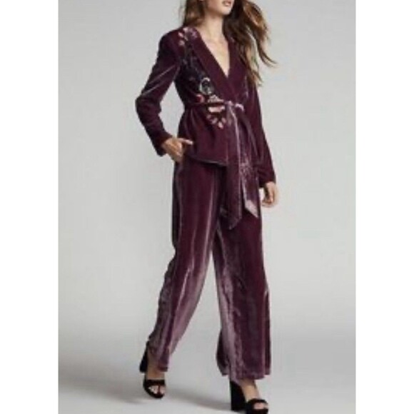 Free People Perfect Illusion Velvet Embroidered Blazer Wide Leg Pants Set Sz4 - Picture 1 of 9